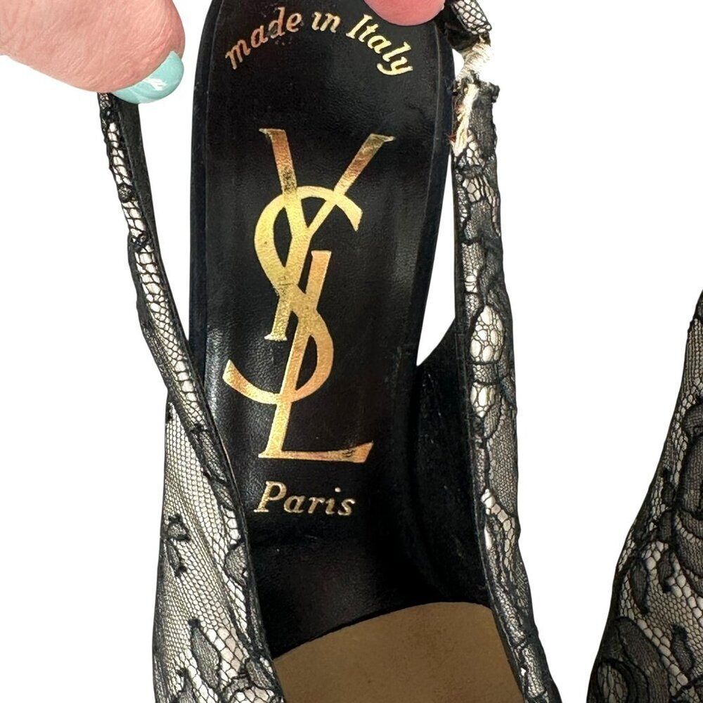 Vintage YSL Black Lace Slingback Pumps Size 7.5 Yves St Laurent - Picture 7 of 12